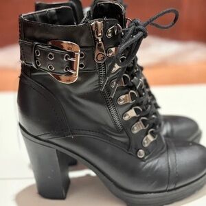 Black Lace-Up Chunky Heel Ankle Boots with Buckle Detail